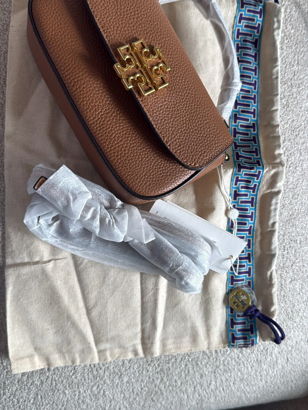 Tory Burch Tan mini Pebbled Leather Shoulder Bag with Gold Logo